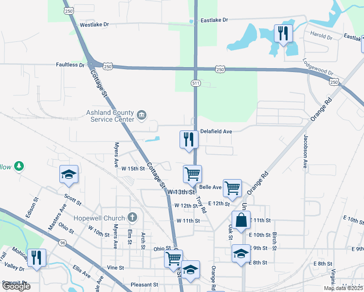 map of restaurants, bars, coffee shops, grocery stores, and more near 1462 Troy Road in Ashland
