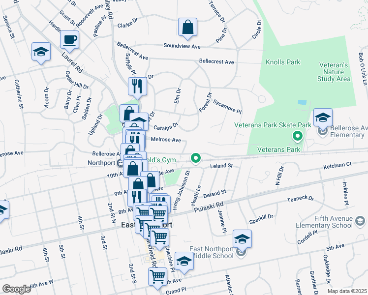 map of restaurants, bars, coffee shops, grocery stores, and more near 46 Melrose Avenue in East Northport