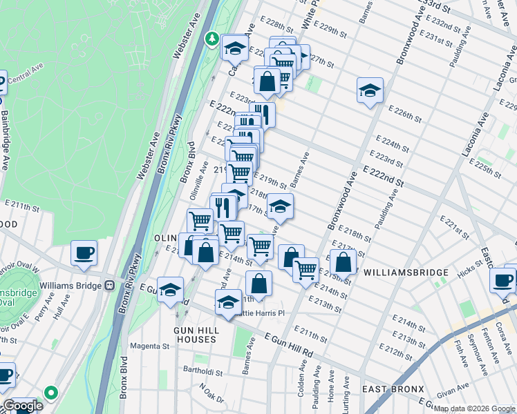 map of restaurants, bars, coffee shops, grocery stores, and more near 743 East 218th Street in Bronx
