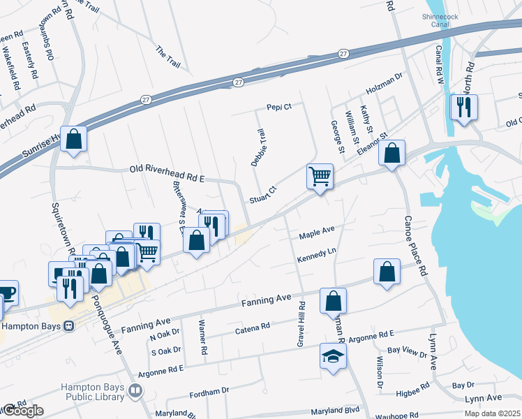 map of restaurants, bars, coffee shops, grocery stores, and more near 2 Stuart Court in Hampton Bays