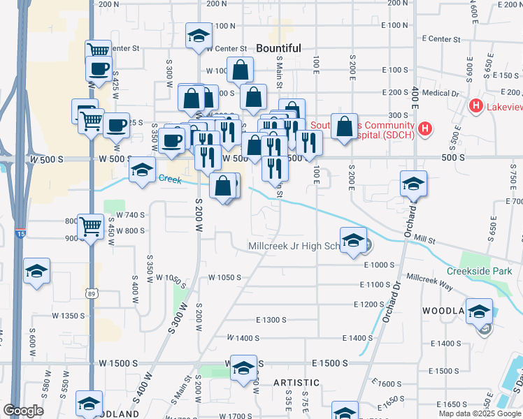 map of restaurants, bars, coffee shops, grocery stores, and more near 650 South Main Street in Bountiful