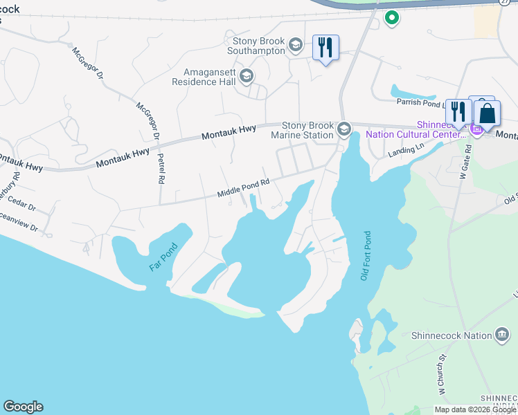 map of restaurants, bars, coffee shops, grocery stores, and more near 50 Middle Pond Road in Southampton