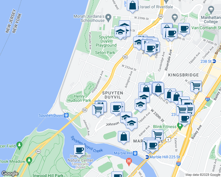 map of restaurants, bars, coffee shops, grocery stores, and more near 711 West 230th Street in Bronx