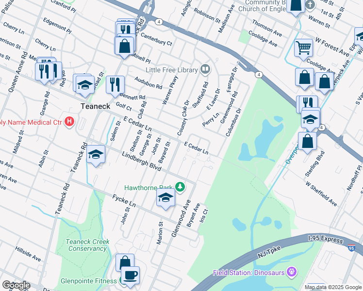 map of restaurants, bars, coffee shops, grocery stores, and more near 179 East Cedar Lane in Teaneck