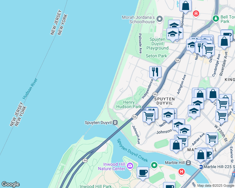 map of restaurants, bars, coffee shops, grocery stores, and more near 2575 Palisade Avenue in Bronx