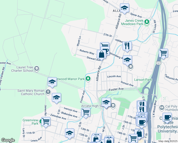 map of restaurants, bars, coffee shops, grocery stores, and more near 2398 Westwood Court in Arcata