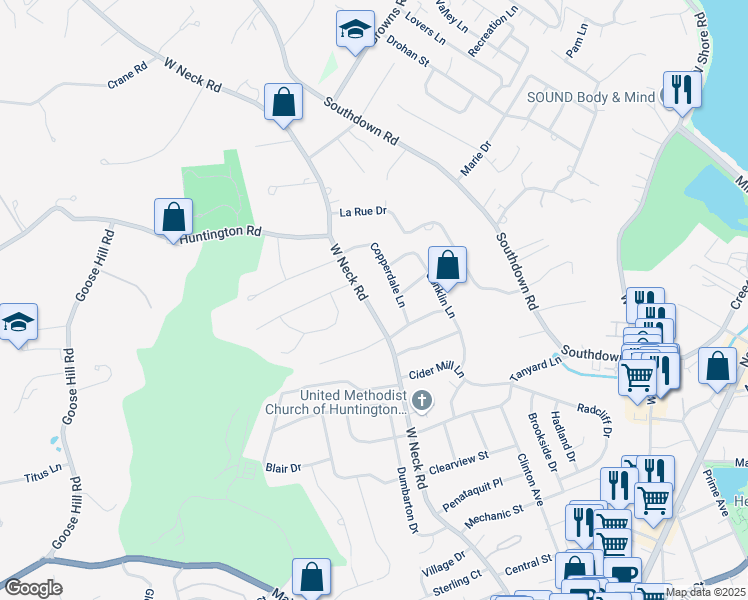 map of restaurants, bars, coffee shops, grocery stores, and more near 22 Copperdale Lane in Huntington