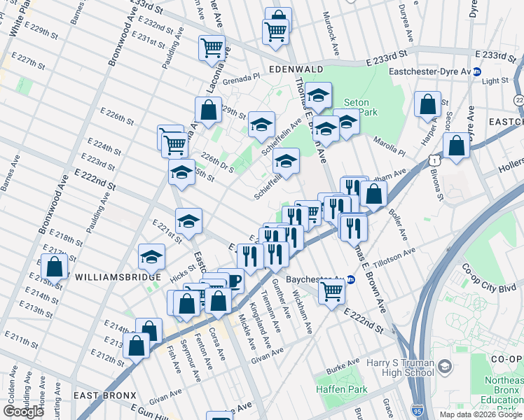 map of restaurants, bars, coffee shops, grocery stores, and more near in The Bronx