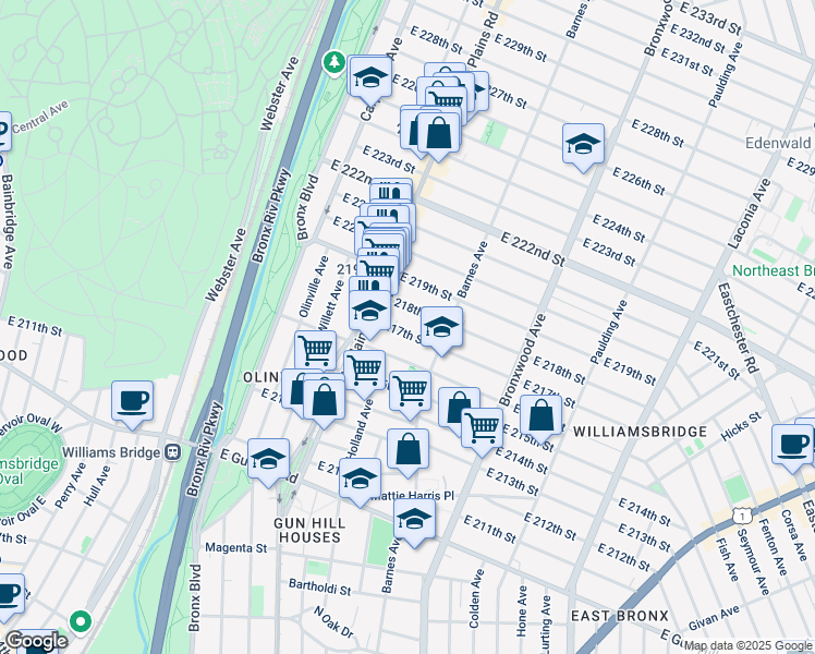 map of restaurants, bars, coffee shops, grocery stores, and more near 743 East 218th Street in Bronx