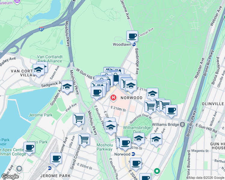 map of restaurants, bars, coffee shops, grocery stores, and more near in The Bronx