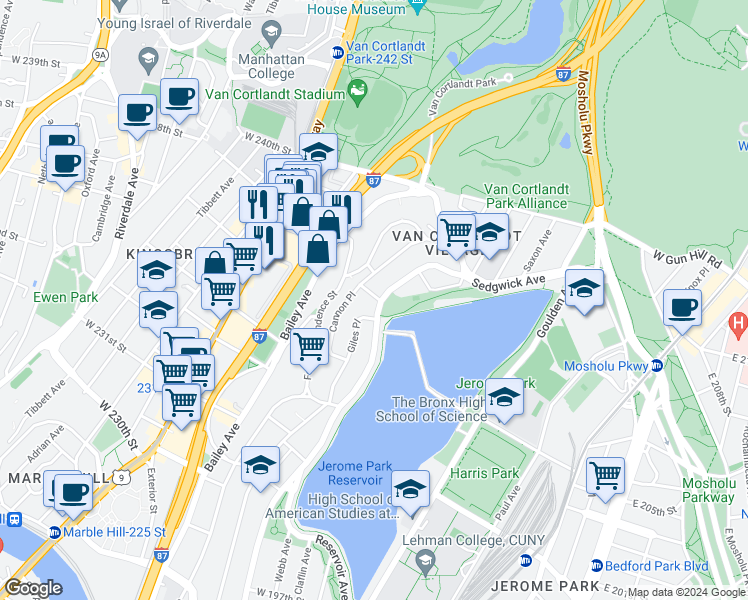 map of restaurants, bars, coffee shops, grocery stores, and more near 3821 Sedgwick Avenue in Bronx