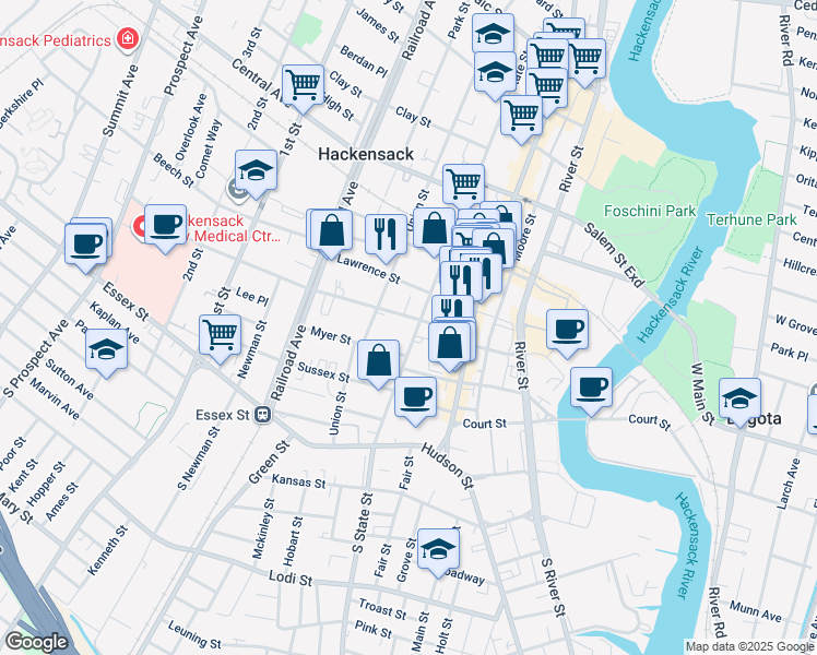 map of restaurants, bars, coffee shops, grocery stores, and more near 125 State Street in Hackensack