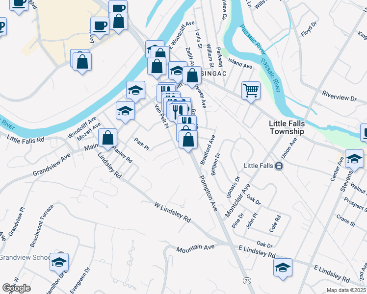 map of restaurants, bars, coffee shops, grocery stores, and more near 153 Newark Pompton Turnpike in Little Falls