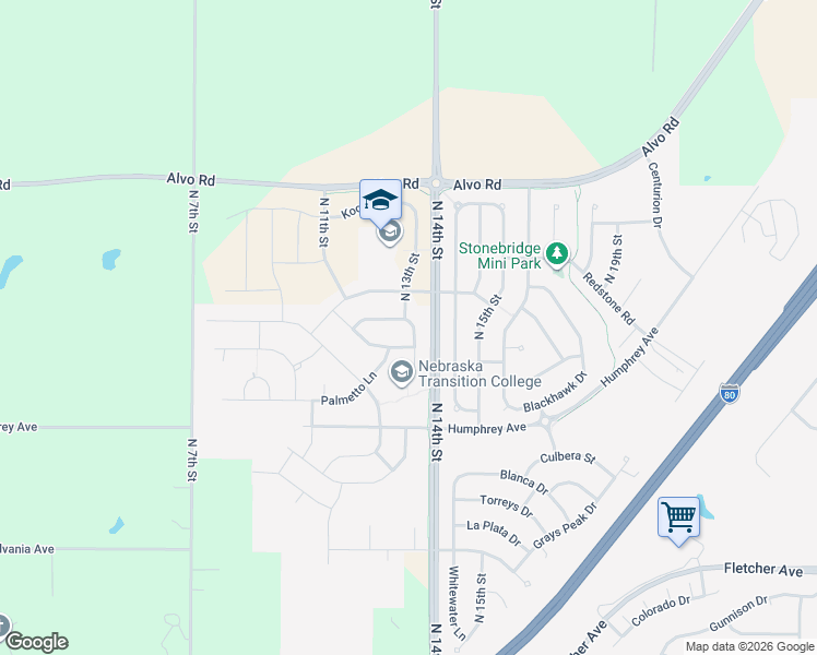 map of restaurants, bars, coffee shops, grocery stores, and more near 7050 North 13th Street in Lincoln