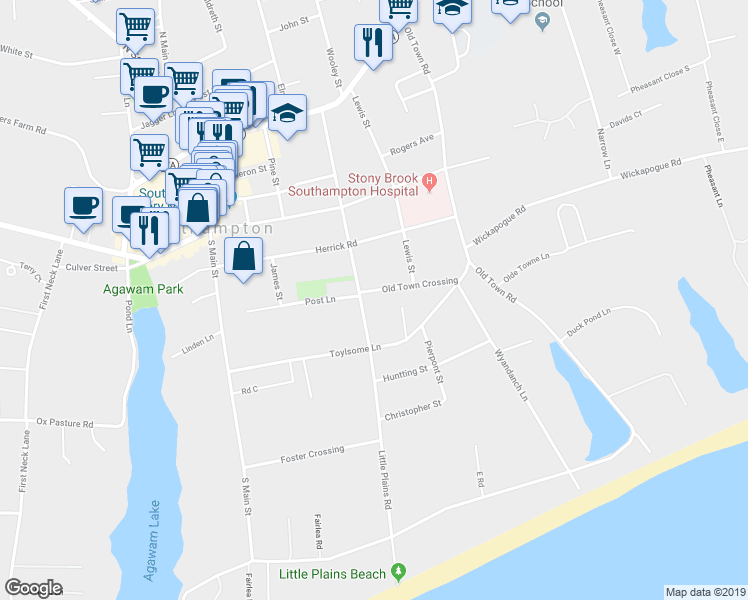 map of restaurants, bars, coffee shops, grocery stores, and more near 14 Old Town Crossing in Southampton