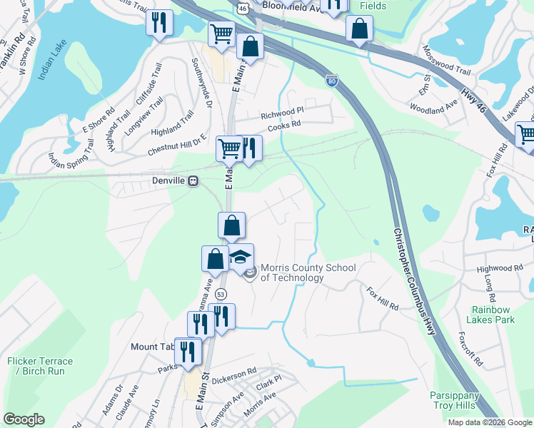 map of restaurants, bars, coffee shops, grocery stores, and more near 46 Manor Road in Denville