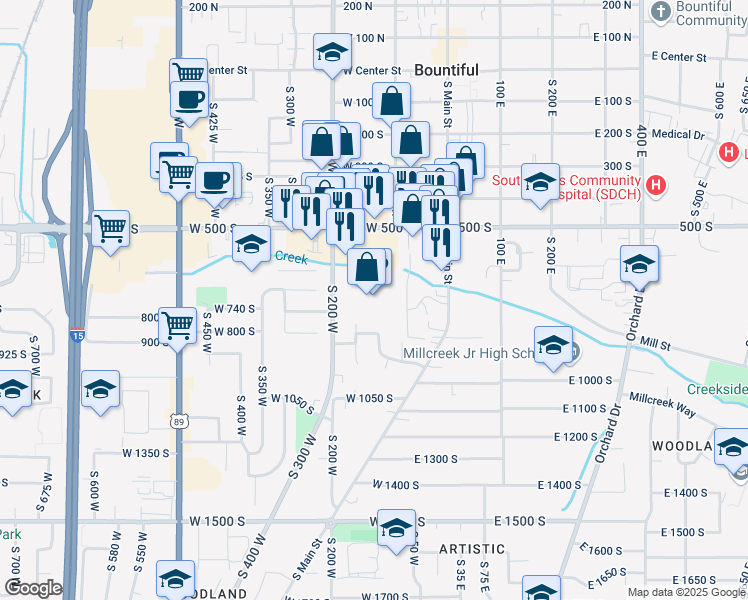 map of restaurants, bars, coffee shops, grocery stores, and more near 555 South 200 West in Bountiful