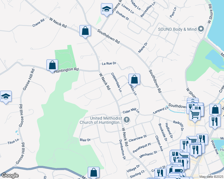 map of restaurants, bars, coffee shops, grocery stores, and more near 22 Copperdale Lane in Huntington