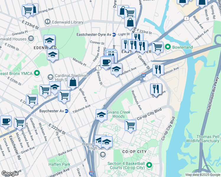 map of restaurants, bars, coffee shops, grocery stores, and more near 2180 Reeds Mill Lane in Bronx