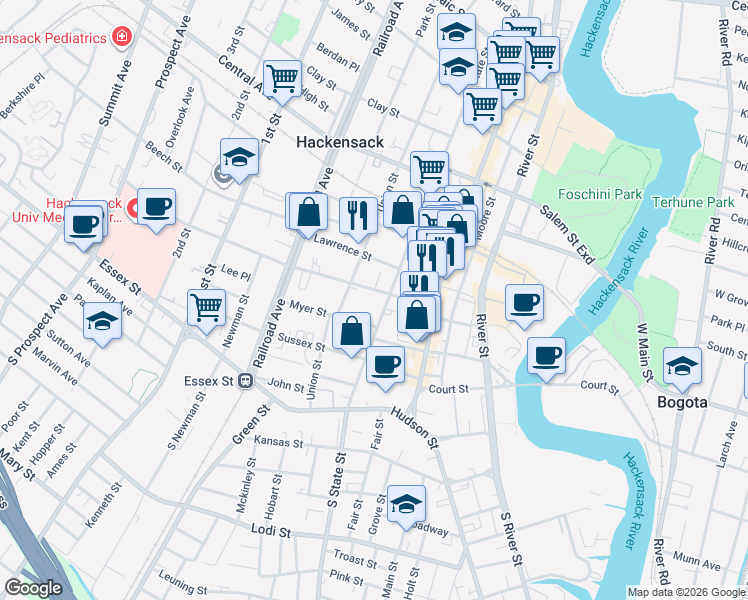 map of restaurants, bars, coffee shops, grocery stores, and more near 125 State Street in Hackensack