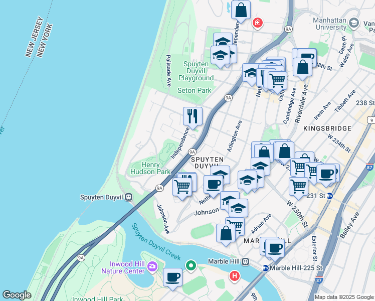 map of restaurants, bars, coffee shops, grocery stores, and more near in The Bronx