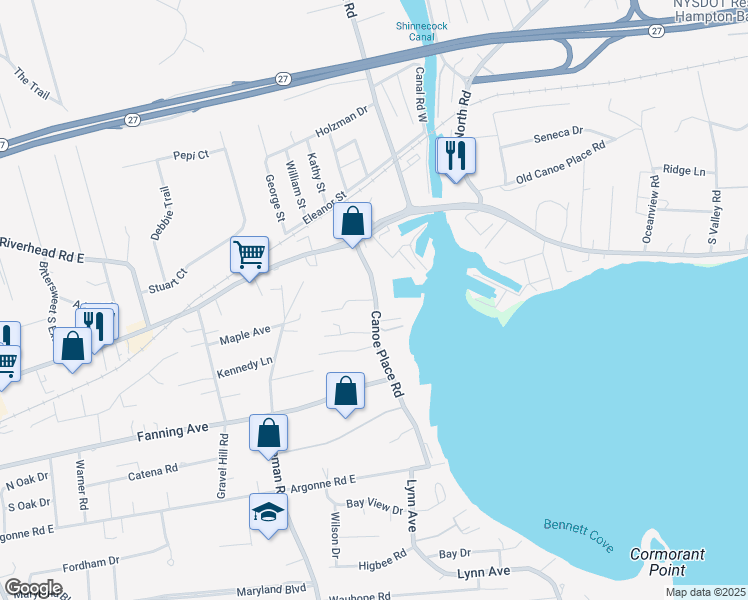 map of restaurants, bars, coffee shops, grocery stores, and more near 12 Canoe Place Road in Hampton Bays