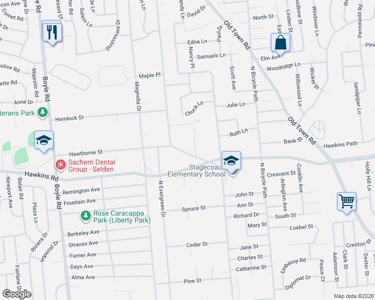 map of restaurants, bars, coffee shops, grocery stores, and more near 237 Dare Road in Selden