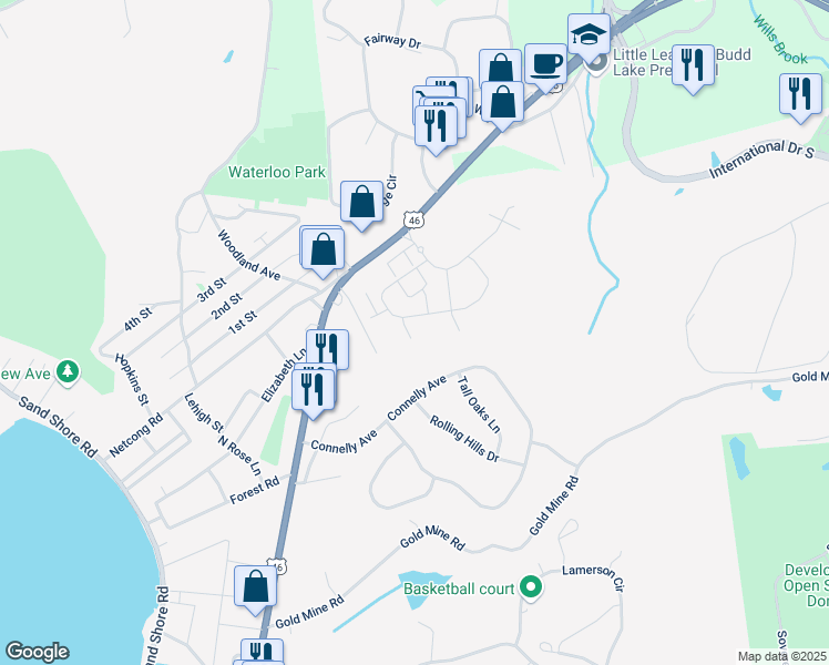 map of restaurants, bars, coffee shops, grocery stores, and more near 73 U.S. 46 in Mount Olive