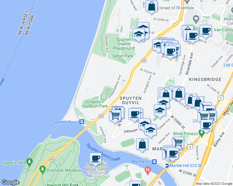 map of restaurants, bars, coffee shops, grocery stores, and more near in The Bronx