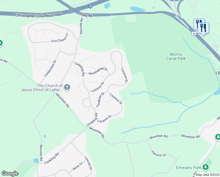 map of restaurants, bars, coffee shops, grocery stores, and more near 45 Lazarus Drive in Roxbury Township