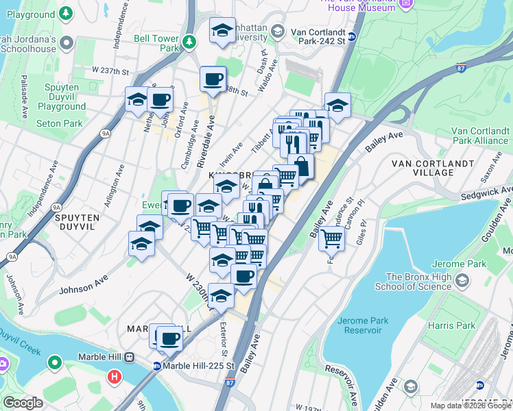 map of restaurants, bars, coffee shops, grocery stores, and more near 3246 Kingsbridge Avenue in Bronx