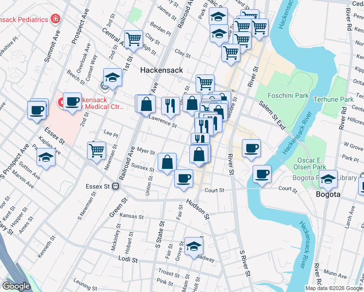 map of restaurants, bars, coffee shops, grocery stores, and more near 125 State Street in Hackensack