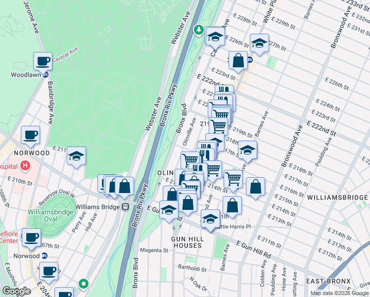 map of restaurants, bars, coffee shops, grocery stores, and more near 3719 Olinville Avenue in The Bronx