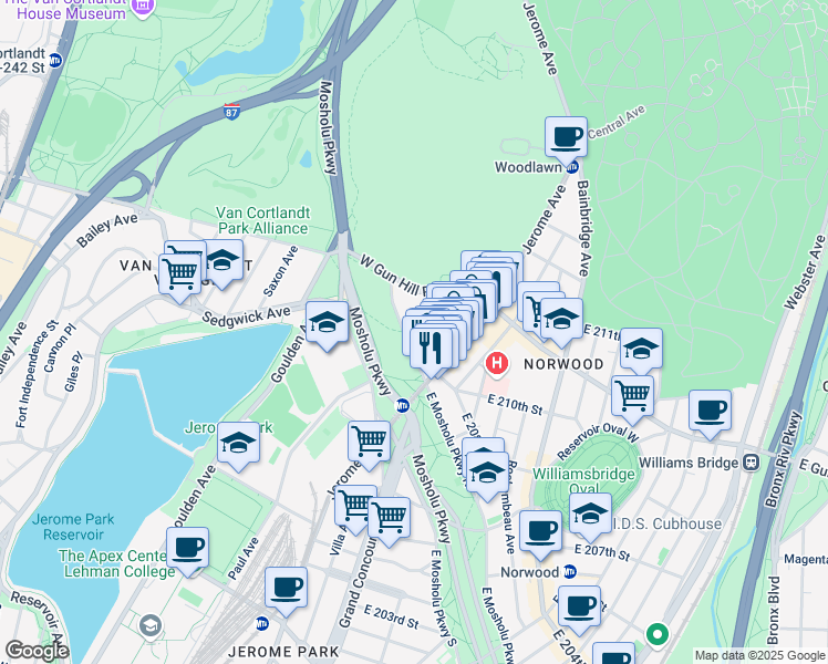 map of restaurants, bars, coffee shops, grocery stores, and more near 3424 Gates Place in The Bronx