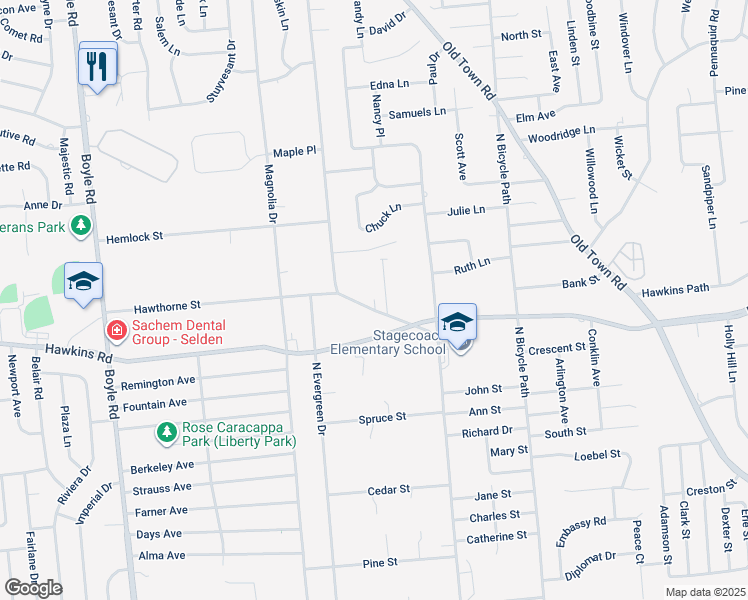 map of restaurants, bars, coffee shops, grocery stores, and more near 243 Dare Road in Selden