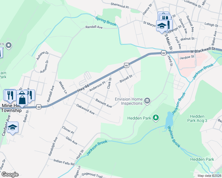 map of restaurants, bars, coffee shops, grocery stores, and more near 18 Clark Street in Mine Hill Township