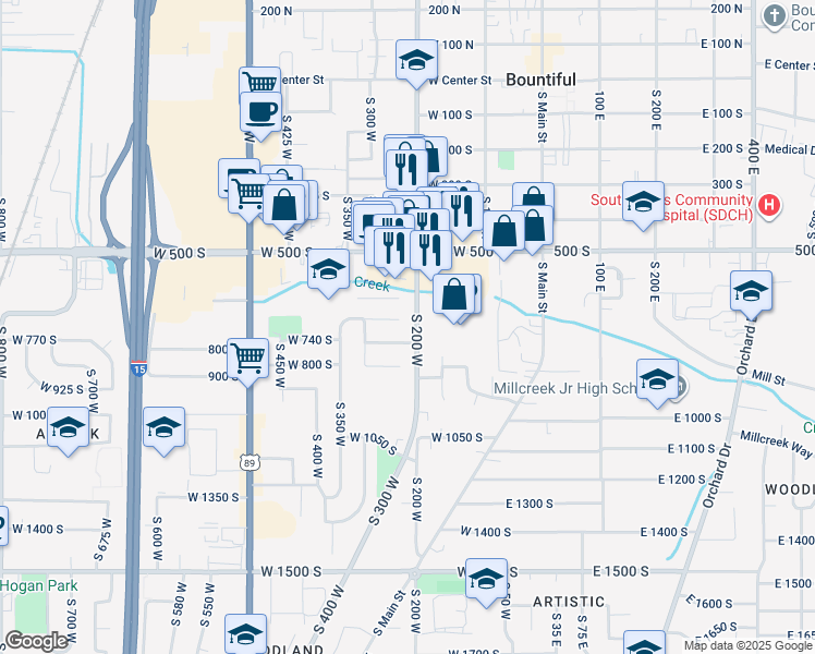 map of restaurants, bars, coffee shops, grocery stores, and more near 234-240 West 650 South in Bountiful