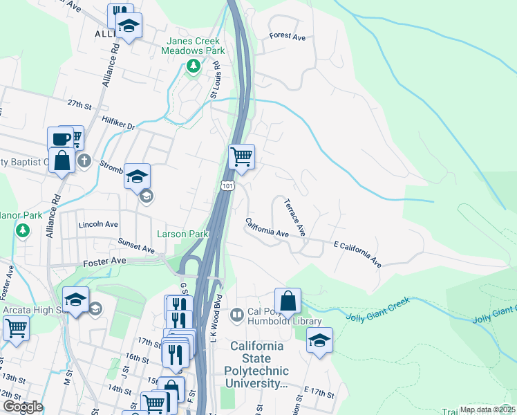 map of restaurants, bars, coffee shops, grocery stores, and more near 2619 Terrace Avenue in Arcata