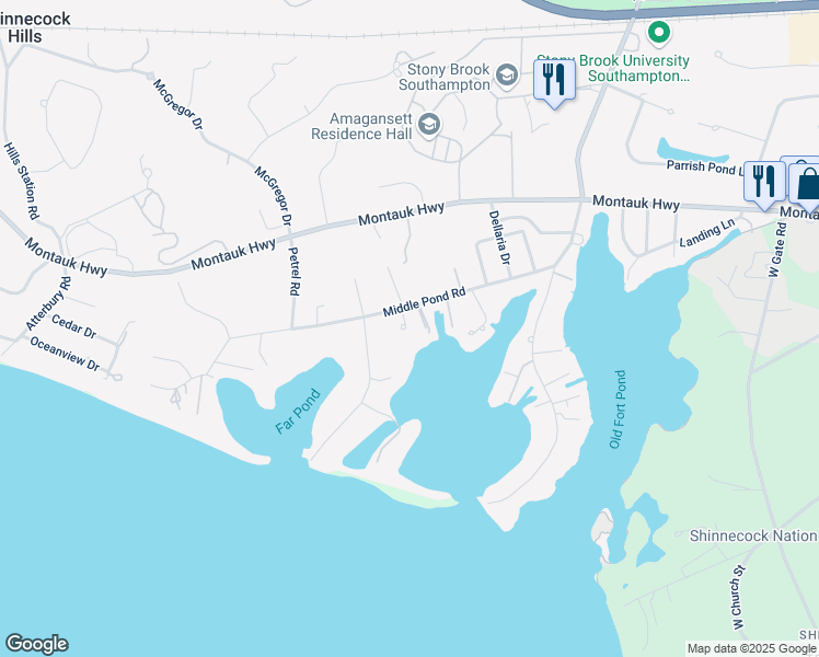 map of restaurants, bars, coffee shops, grocery stores, and more near 68 Middle Pond Road in Southampton