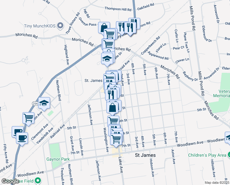 map of restaurants, bars, coffee shops, grocery stores, and more near 317 1st Avenue in Saint James
