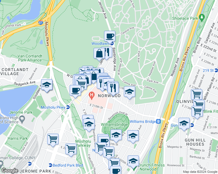 map of restaurants, bars, coffee shops, grocery stores, and more near 3555 Bainbridge Avenue in Bronx