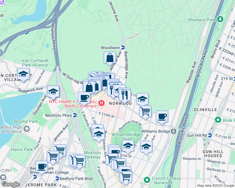 map of restaurants, bars, coffee shops, grocery stores, and more near 3525 Rochambeau Avenue in Bronx