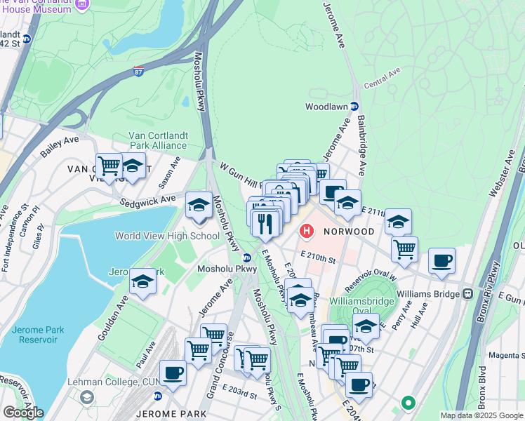 map of restaurants, bars, coffee shops, grocery stores, and more near in The Bronx