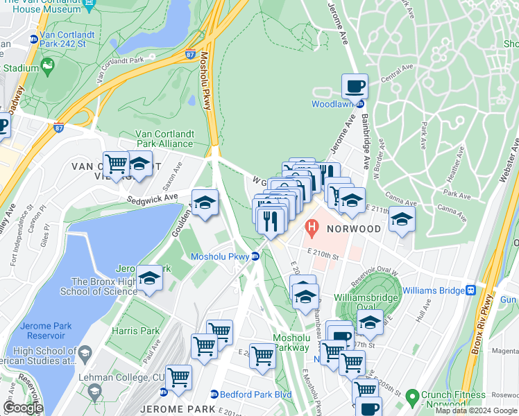 map of restaurants, bars, coffee shops, grocery stores, and more near in The Bronx
