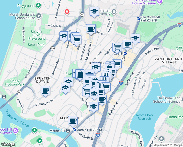 map of restaurants, bars, coffee shops, grocery stores, and more near 3228 Tibbett Avenue in Bronx