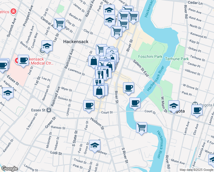 map of restaurants, bars, coffee shops, grocery stores, and more near 140 Main Street in Hackensack