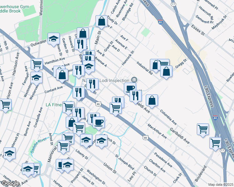 map of restaurants, bars, coffee shops, grocery stores, and more near 115 Kennedy Drive in Lodi