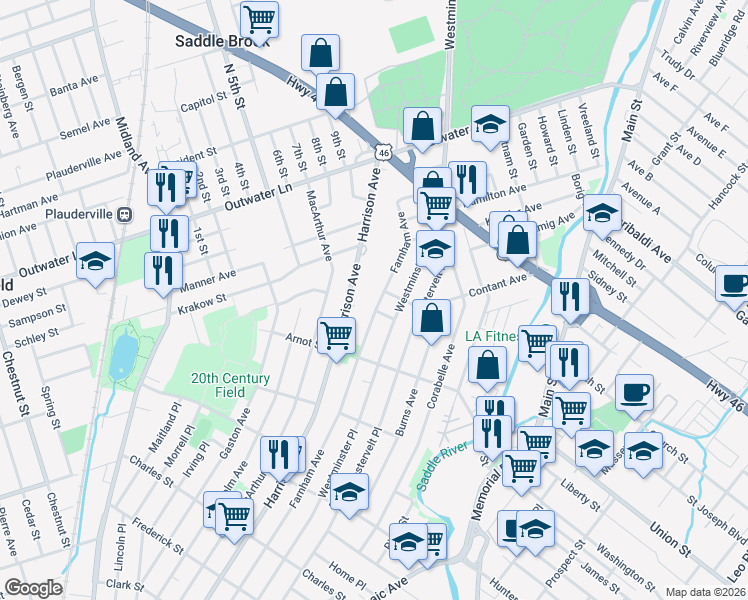 map of restaurants, bars, coffee shops, grocery stores, and more near 492 Harrison Avenue in Lodi