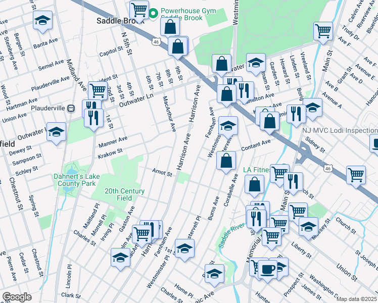 map of restaurants, bars, coffee shops, grocery stores, and more near 492 Harrison Avenue in Lodi