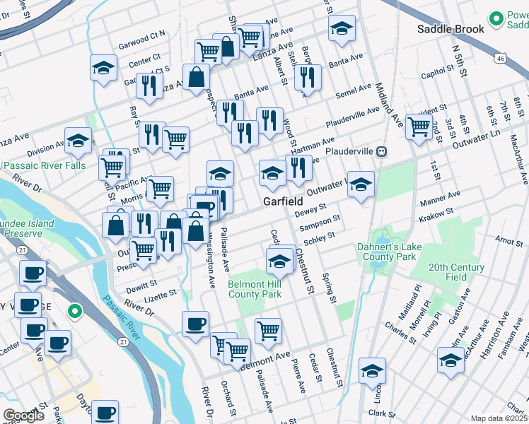 map of restaurants, bars, coffee shops, grocery stores, and more near 9 Main Street in Garfield
